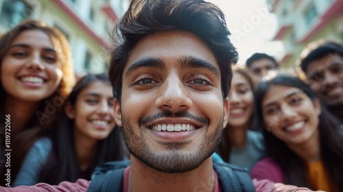 Smiling group selfie during Holi festival celebration photo