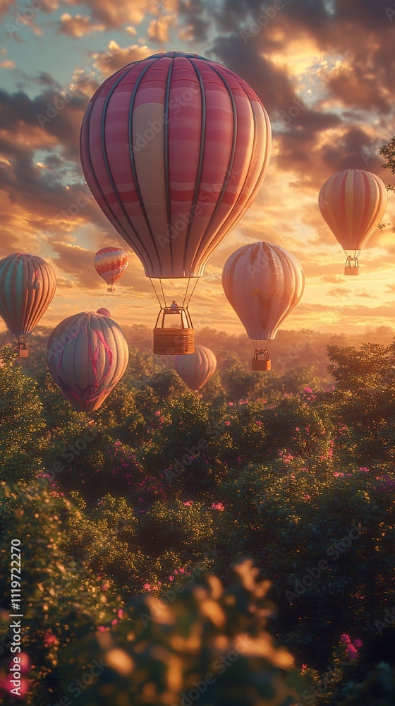 Fototapeta premium digital art piece featuring pastel-colored hot air balloons floating in the sky, creating an enchanting and dreamy atmosphere. The balloons range from soft pinks to vibrant blues, with del