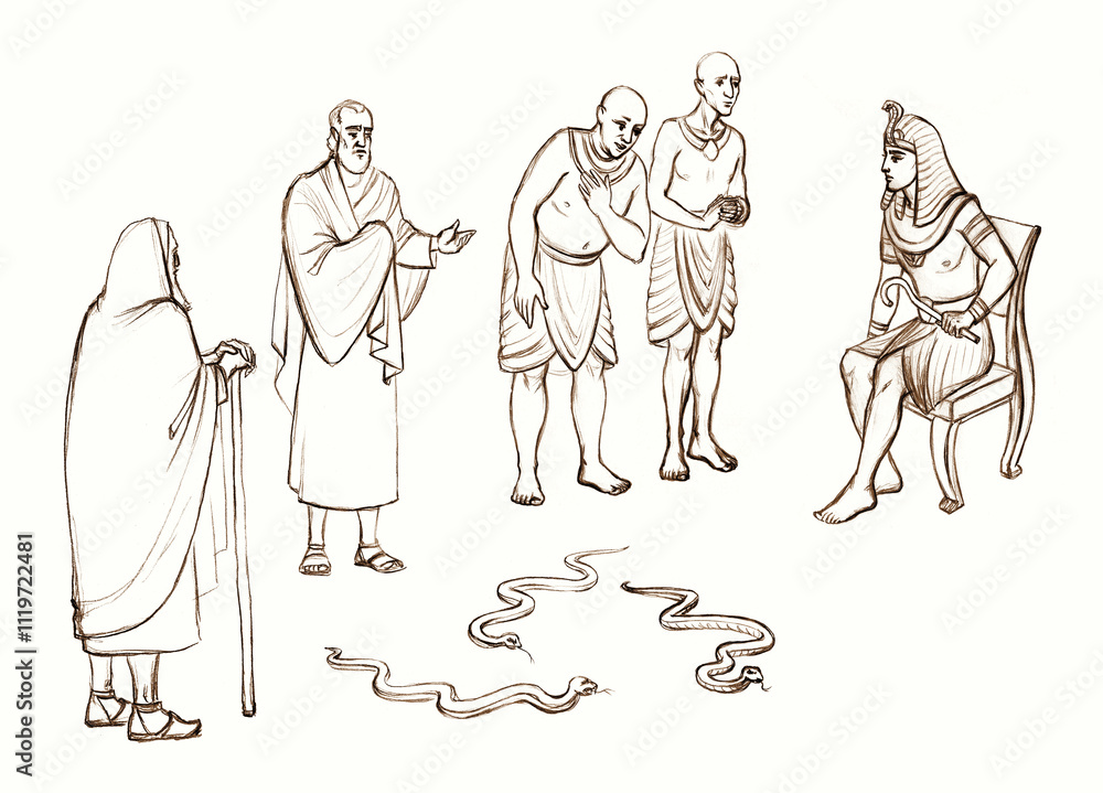 Fototapeta premium Moses and Aaron before Pharaoh. Pencil drawing