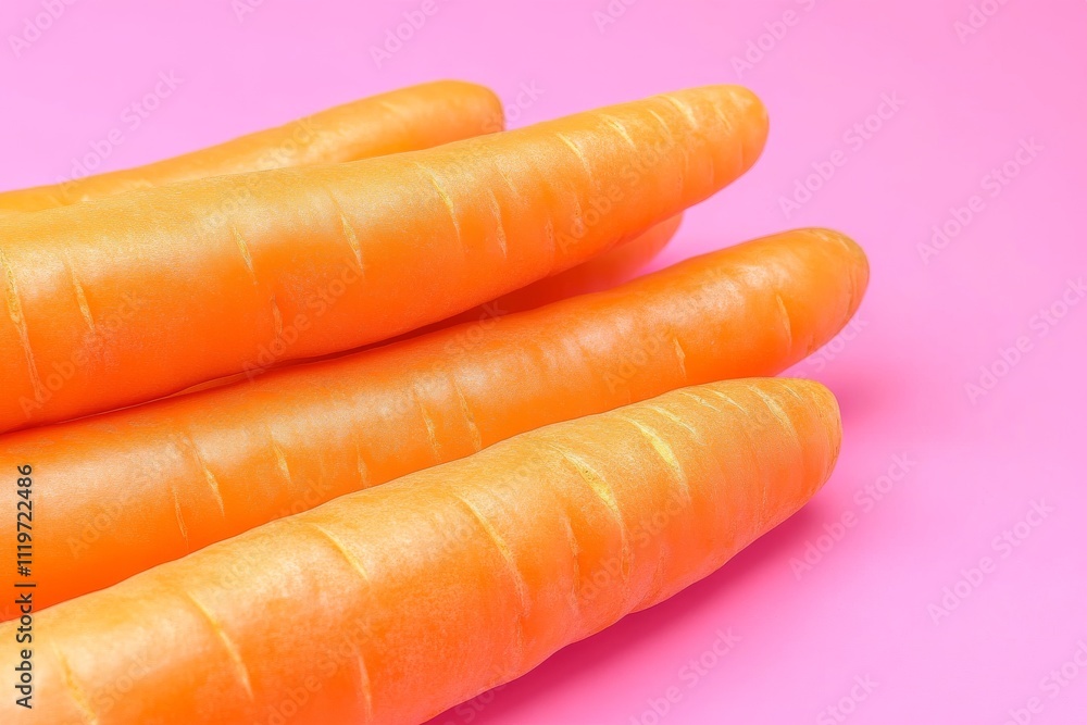 Three fresh, vibrant orange carrots on a pink background, showcasing their smooth texture and natural shine. Three fresh, vibrant orange carrots on a pink background, showcasing their smooth texture and natural shine.