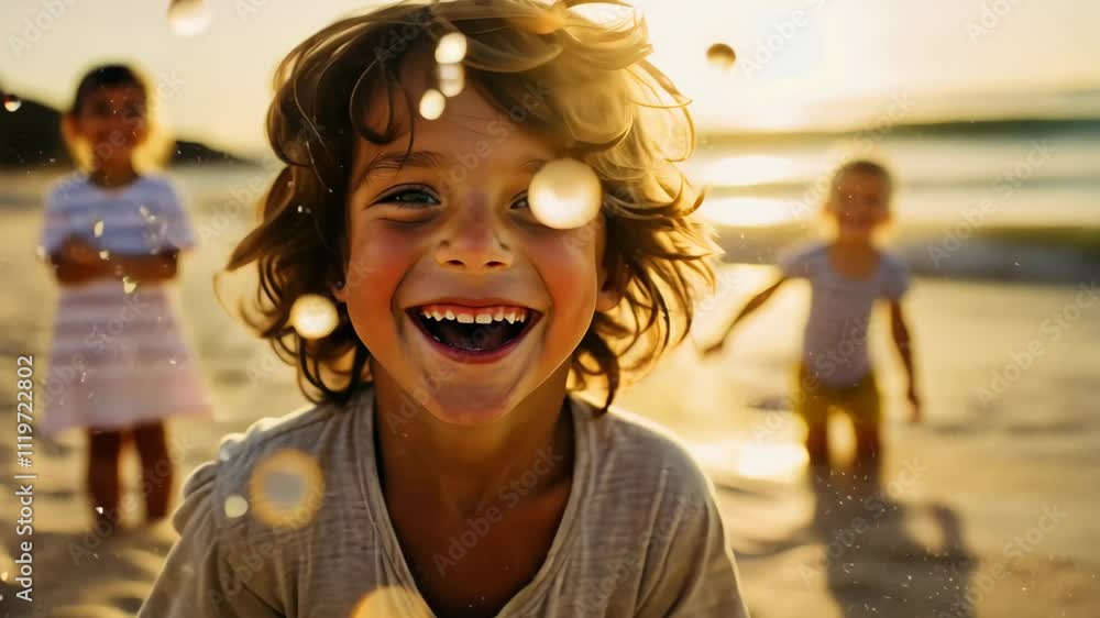 Happy Joyful Child Laughing and Playing on a Sunny Beach at Sunset on Summer Vacations