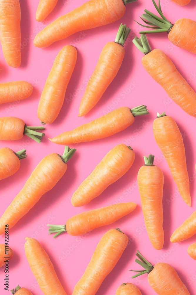 Vibrant orange carrots scattered on a playful pink background, creating a fun and lively atmosphere. Vibrant orange carrots scattered on a playful pink background, creating a fun and lively atmosphere.