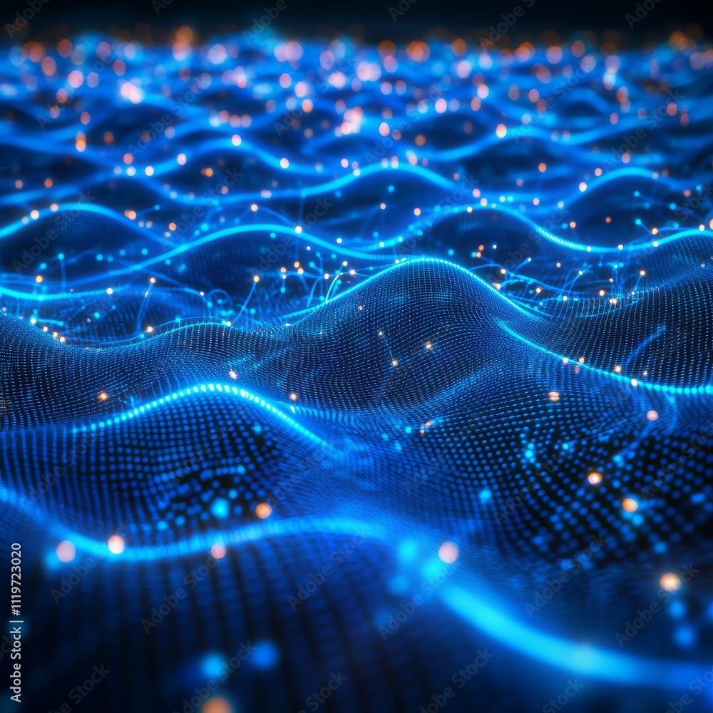 A mesmerizing view of blue digital waves, showcasing a vibrant network of light and energy. A mesmerizing view of blue digital waves, showcasing a vibrant network of light and energy.