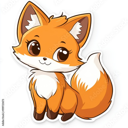 Cute cartoon fox, sitting, with big eyes, cheerful expression, orange fur, white underbelly, and bushy tail.