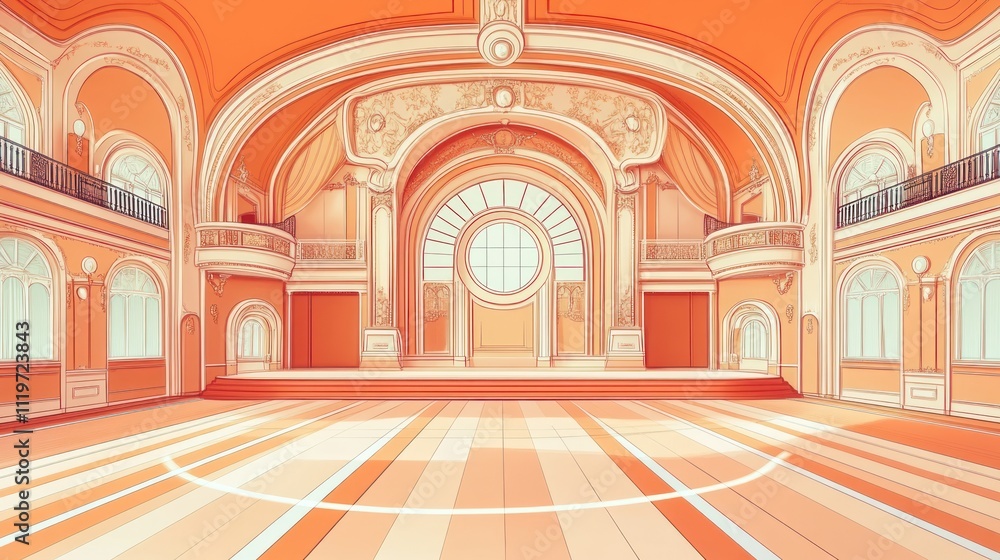 Obraz premium A spacious, elegantly designed hall with orange tones and large windows, ideal for events.