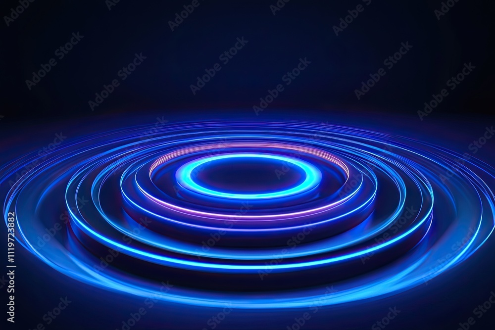 Radial abstract neon background. Laser neon lines move in a circle along a circular dark geometry. Conceptual technology background. Blue purple light spectrum. 3d illustration Radial abstract neon background. Laser neon lines move in a circle along a circular dark geometry. Conceptual technology background. Blue purple light spectrum. 3d illustration