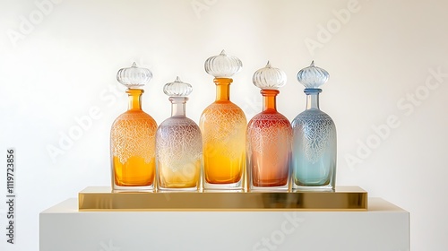 A set of five rainbow hued glass bottles sits atop a shimmering gold pedestal, catching the light and casting vibrant reflections across the room photo