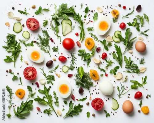 A vibrant arrangement of fresh vegetables, herbs, and eggs, showcasing a colorful and healthy culinary spread.