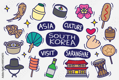 set of south korea doodles with color good for background, wallpaper, icons, element design, etc