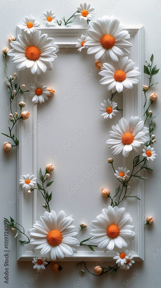 Fototapeta premium A white square photo frame with daisies on the sides, on a light background, in a flat lay, minimalist style, simple design, high-resolution photography, high quality.