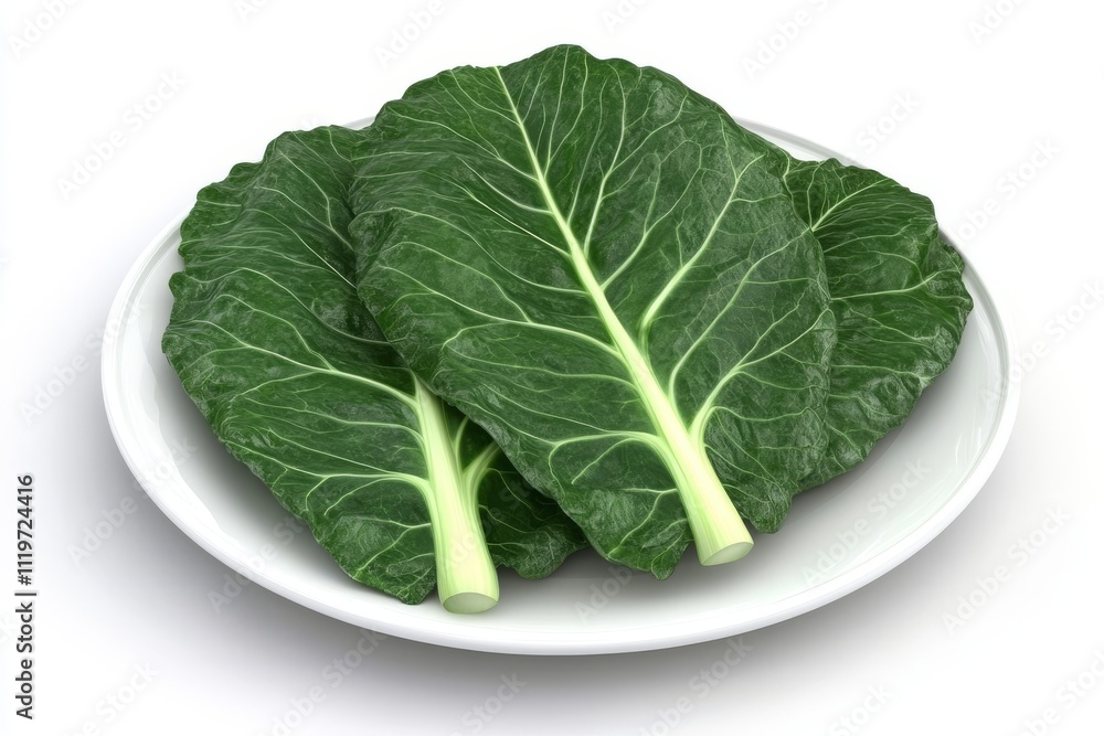Fresh and vibrant green collard greens leaves on a white plate. Fresh and vibrant green collard greens leaves on a white plate.