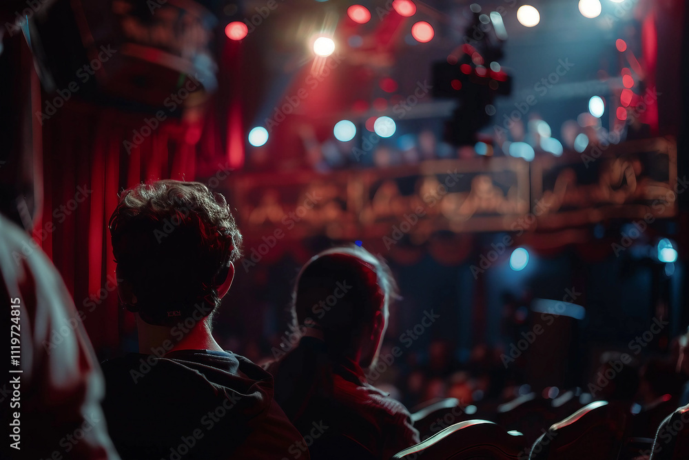 Performer standing in front of a crowded audience in a theater generative ai Performer standing in front of a crowded audience in a theater generative ai