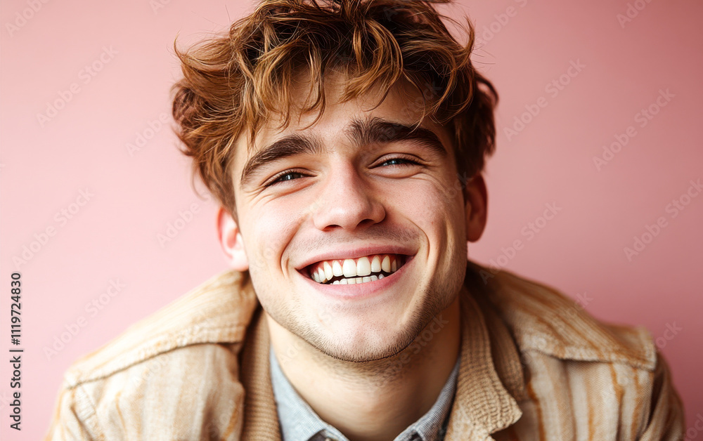 A man with a smile on his face is wearing a pink shirt A man with a smile on his face is wearing a pink shirt