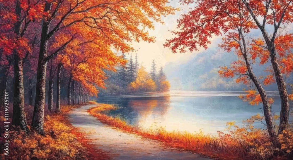 Autumnal Pathway Beside a Tranquil Lake Surrounded by Trees