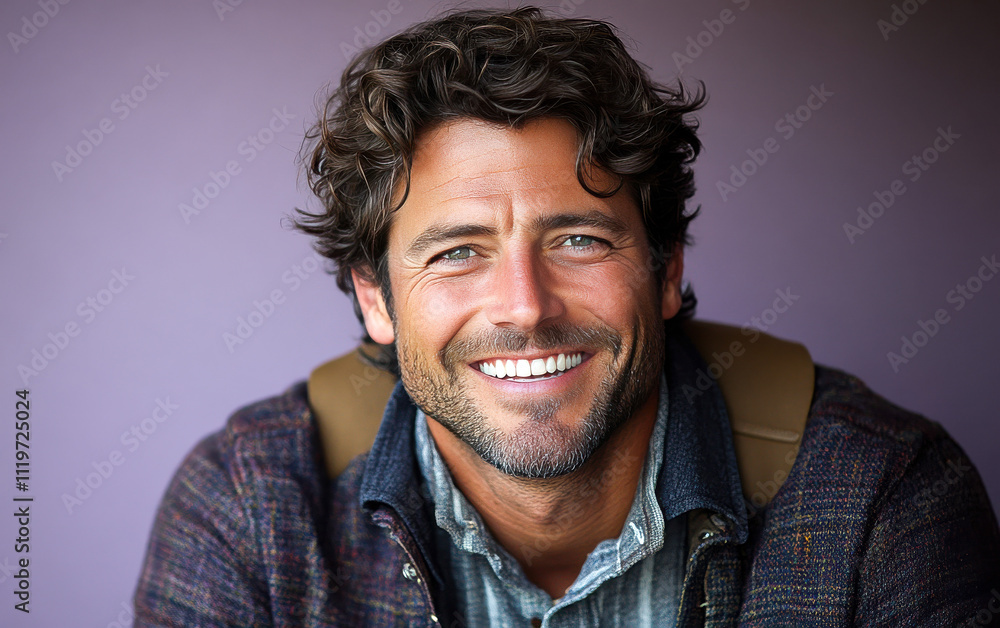 Fototapeta premium A man with a smile on his face is wearing a pink shirt