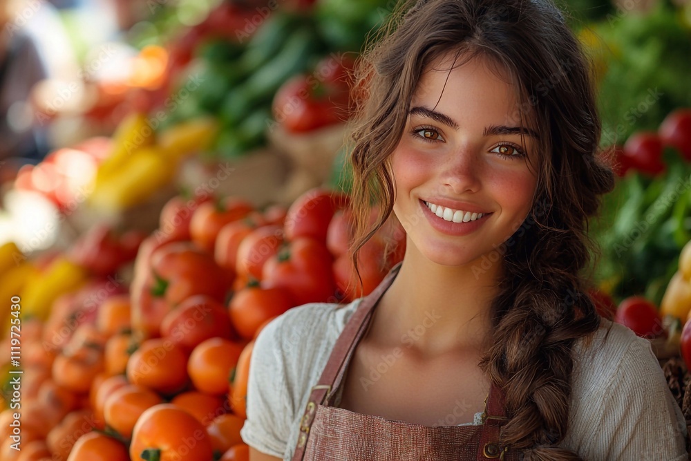 A woman seller at the market - dressed in an apron, smiling against the background of fresh vegetables or fruits, creating a friendly atmosphere


