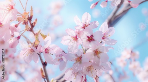 A close-up of a blooming cherry blossom tree in spring, with delicate pink flowers against a clear blue sky