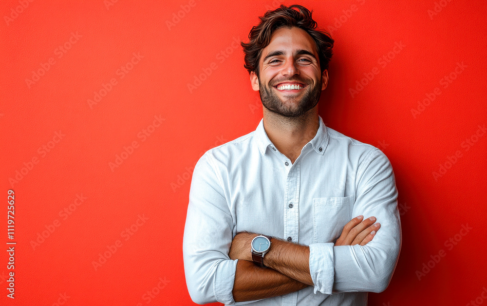 A man with a smile on his face is wearing a pink shirt A man with a smile on his face is wearing a pink shirt