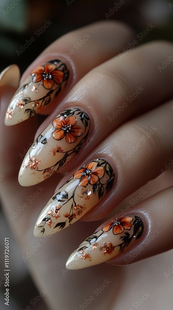A woman with yellow ombre nails, featuring an elegant design of small leaves and flowers. The nails have a soft gradient from light to medium shades of pale pink or beige, giving them a gentle and rom A woman with yellow ombre nails, featuring an elegant design of small leaves and flowers. The nails have a soft gradient from light to medium shades of pale pink or beige, giving them a gentle and rom