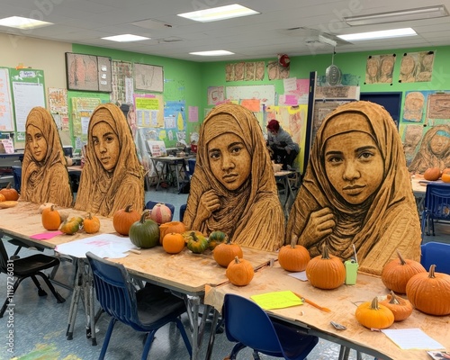 A creative classroom scene featuring wooden sculptures of a young girl in a hijab, surrounded by pumpkins and art supplies. photo