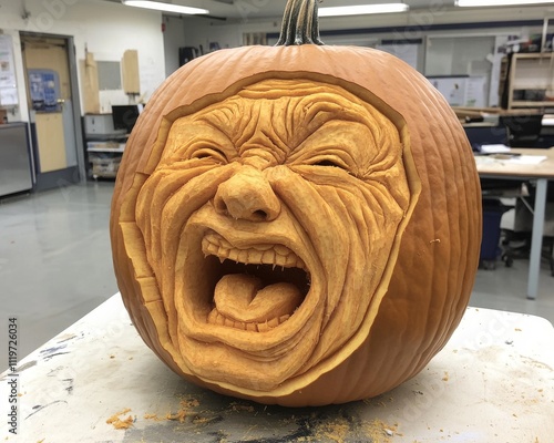 A detailed pumpkin carving of a screaming face showcases the artist's skill. Perfect for Halloween decor. photo