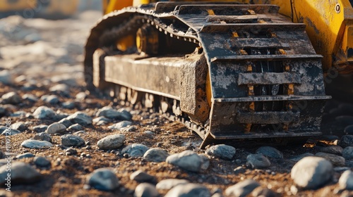 Close-up of a tracked vehicle's muddy undercarriage on a construction site, showcasing rugged machinery in action. photo