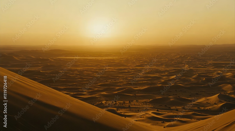 A panoramic view of a desert landscape at sunset, with the sun shining brightly in the sky and rolling sand dunes stretching out in the distance. A panoramic view of a desert landscape at sunset, with the sun shining brightly in the sky and rolling sand dunes stretching out in the distance.