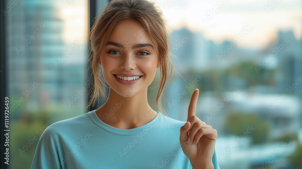 young woman with a bright smile is pointing upward. City view out of a window young woman with a bright smile is pointing upward. City view out of a window