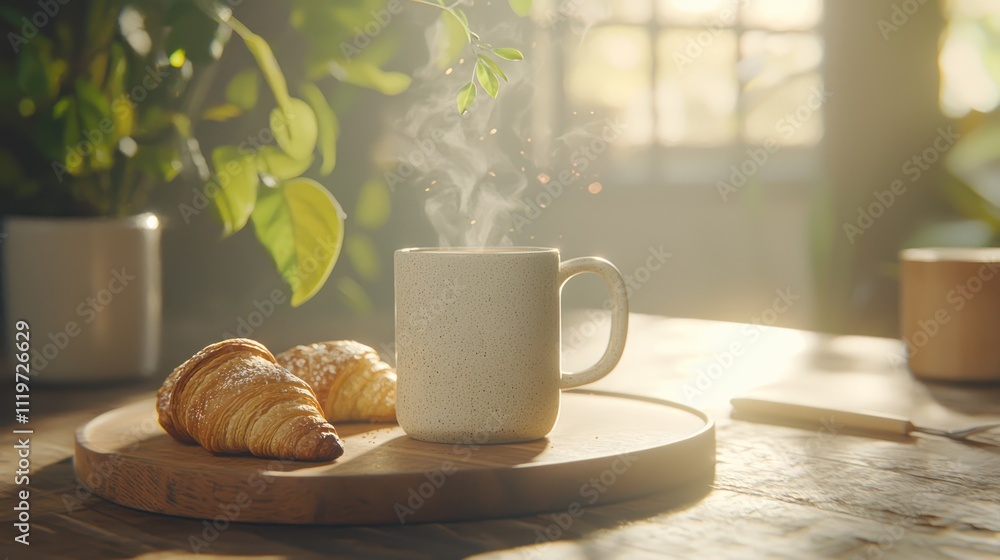 A cozy scene featuring a steaming cup of coffee and fresh croissants on a wooden table, surrounded by greenery and soft morning light. A cozy scene featuring a steaming cup of coffee and fresh croissants on a wooden table, surrounded by greenery and soft morning light.