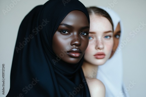 Three diverse women, including a Black woman in a black hijab, showcase beauty and unity in a serene setting. photo