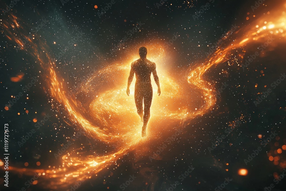 A figure stands in the center of an abstract cosmic background, radiating light and energy around the person A figure stands in the center of an abstract cosmic background, radiating light and energy around the person