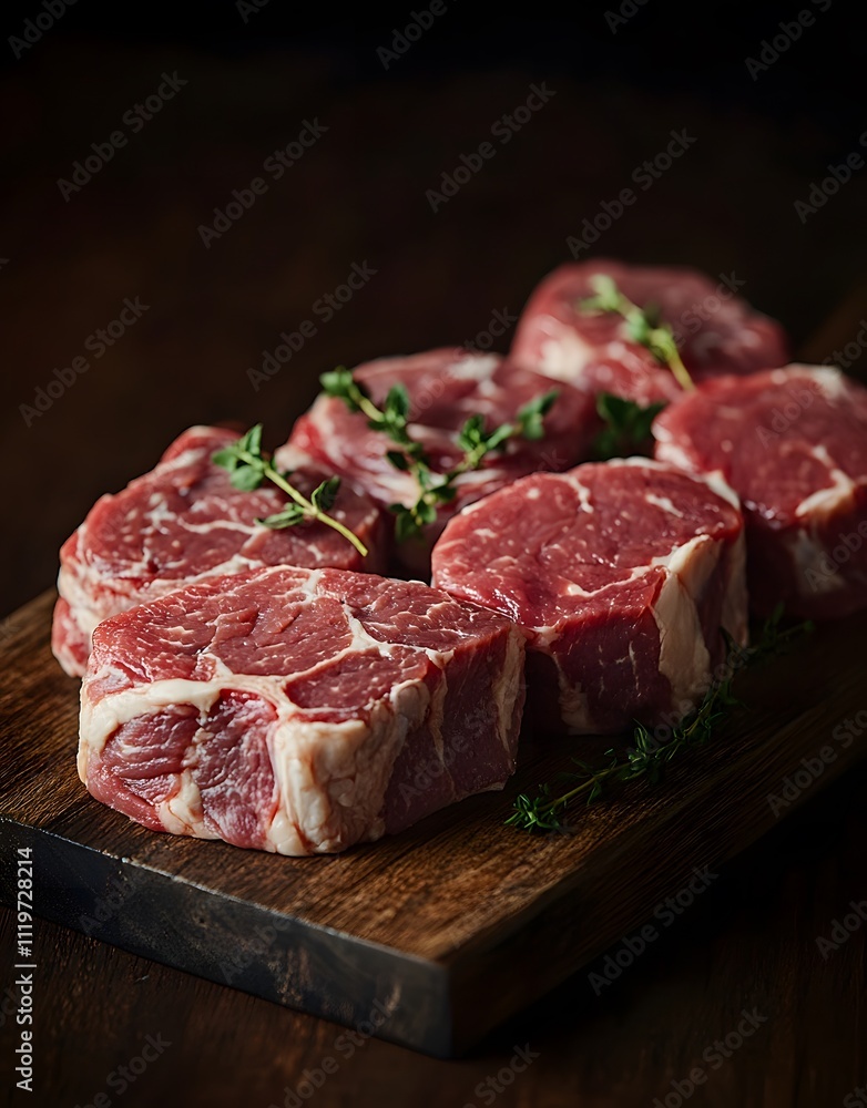 A selection of raw meat cuts displayed on a wooden board with herbs. A selection of raw meat cuts displayed on a wooden board with herbs.