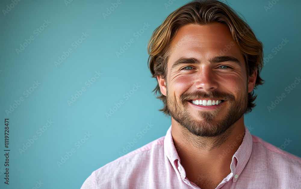 Fototapeta premium A man with a smile on his face is wearing a pink shirt