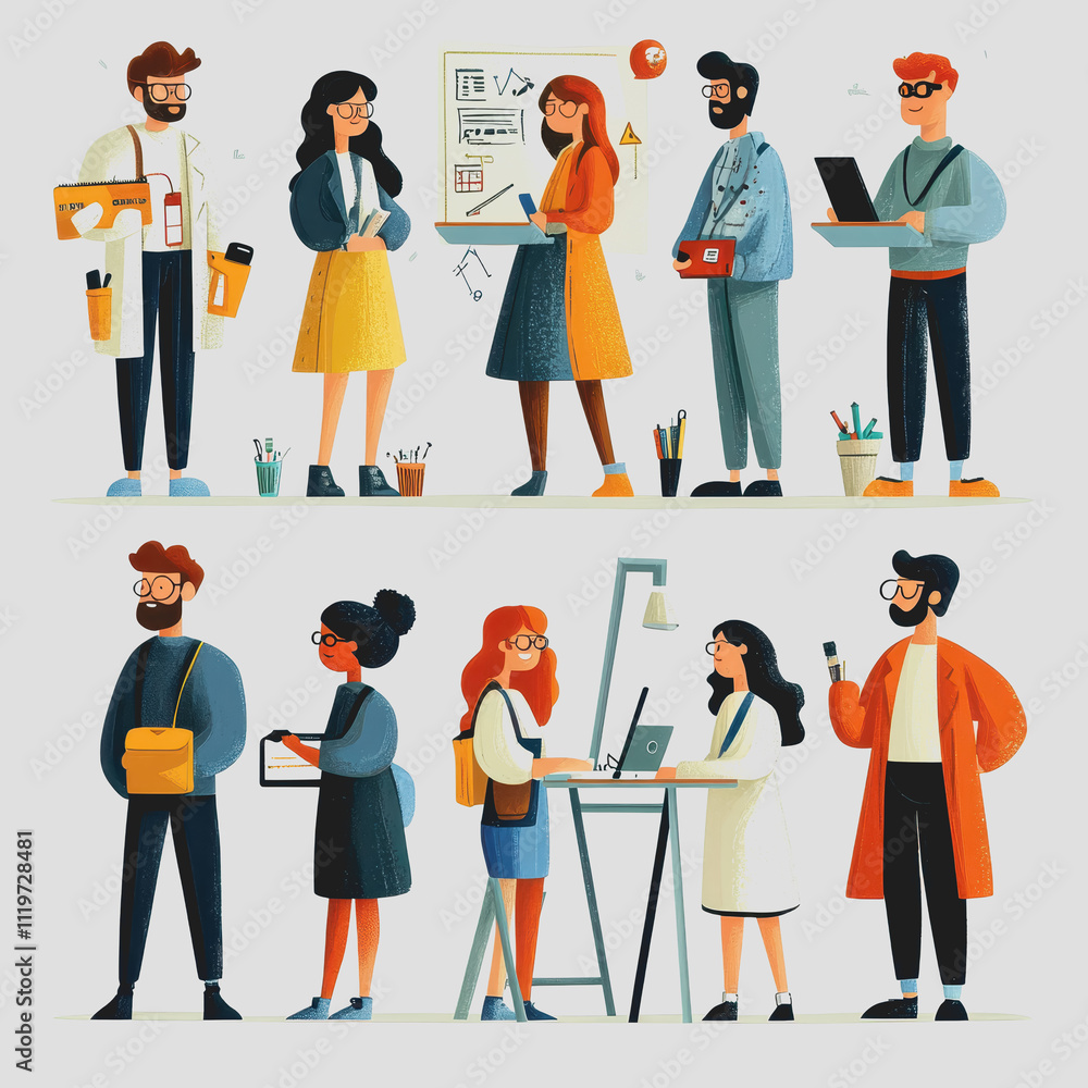 Diverse Group of Professionals Engaged in Modern Workplace Activities, Collaboration, and Creativity in Bright and Colorful Style Diverse Group of Professionals Engaged in Modern Workplace Activities, Collaboration, and Creativity in Bright and Colorful Style