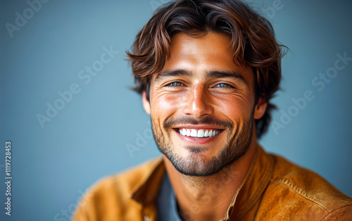 A man with a smile on his face is wearing a pink shirt