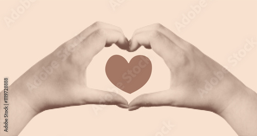 Hands show heart. Trendy halftone hand elements for collages. Demonstrating colors of 2025 - Mocha Mousse. Chocolate cream background. Vector illustration.