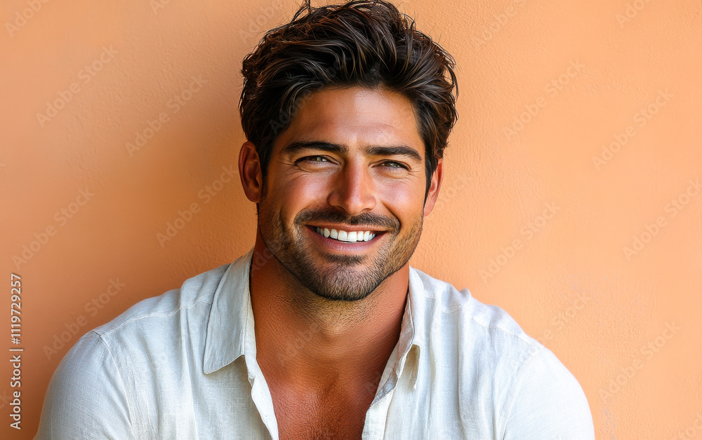 A man with a smile on his face is wearing a pink shirt A man with a smile on his face is wearing a pink shirt
