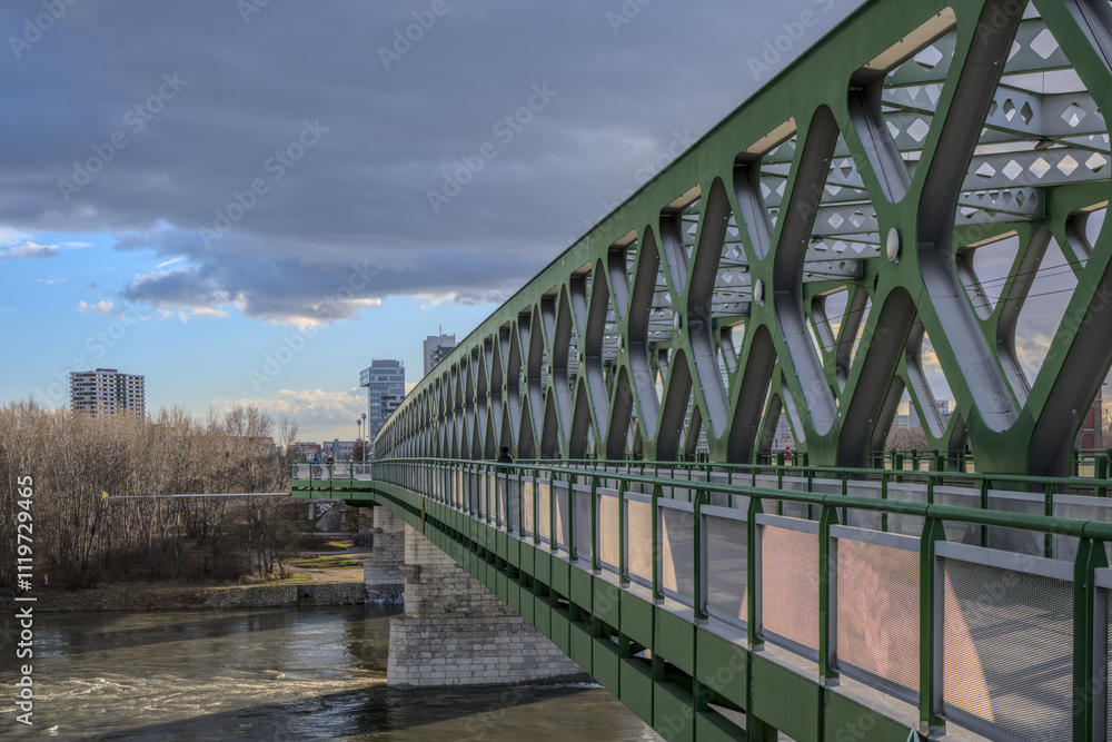 Fototapeta premium Side view of a green steel bridge crossing a river under a partly cloudy sky.