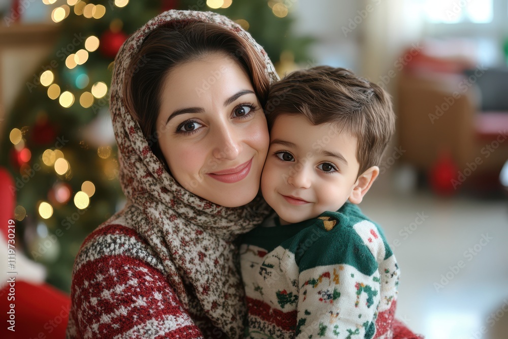 Obraz premium Arabic Mother and Son Celebrate Christmas TogetherFictional Character Created By Generative AI.