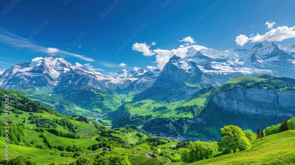 A picturesque view of the Swiss Alps in spring, with snow-capped peaks, lush green valleys, and clear blue skies A picturesque view of the Swiss Alps in spring, with snow-capped peaks, lush green valleys, and clear blue skies