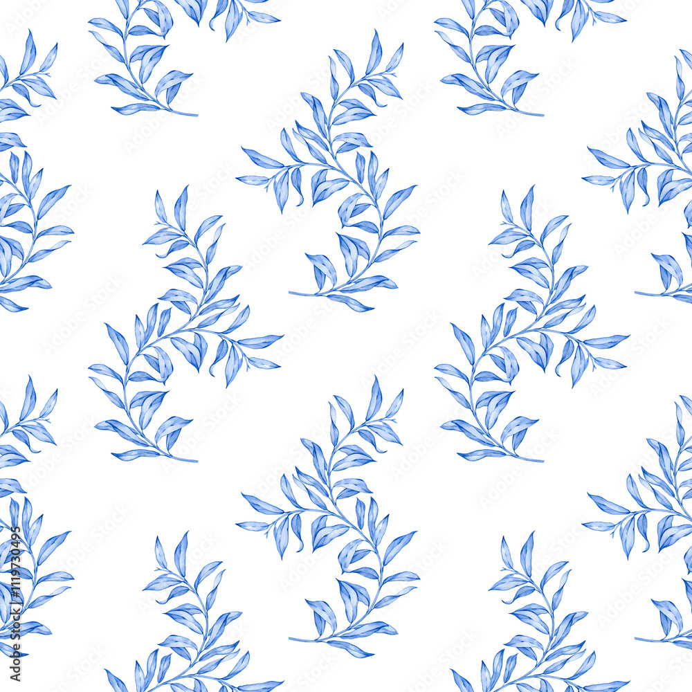 Seamless pattern with leaves in blue. All elements are hand-drawn and isolated from the background Seamless pattern with leaves in blue. All elements are hand-drawn and isolated from the background