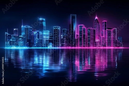 A futuristic city skyline at night with neon lights glowing in vibrant blue and pink hues  reflecting on the water s surface. 