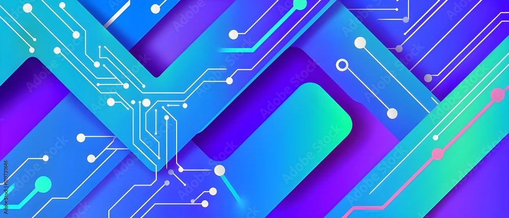 interlocking geometric shapes that morph into circuits, symbolizing AI logic and algorithms, vibrant blue, purple and green colors interlocking geometric shapes that morph into circuits, symbolizing AI logic and algorithms, vibrant blue, purple and green colors