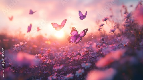 A field of white flowers with purple butterflies flying over them at sunset. photo