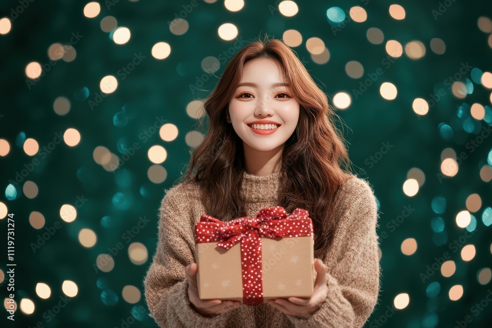 Young Asian Woman Holding Gift Box in Bokeh Background Photo.Fictional Character Created By Generative AI. Young Asian Woman Holding Gift Box in Bokeh Background Photo.Fictional Character Created By Generative AI.