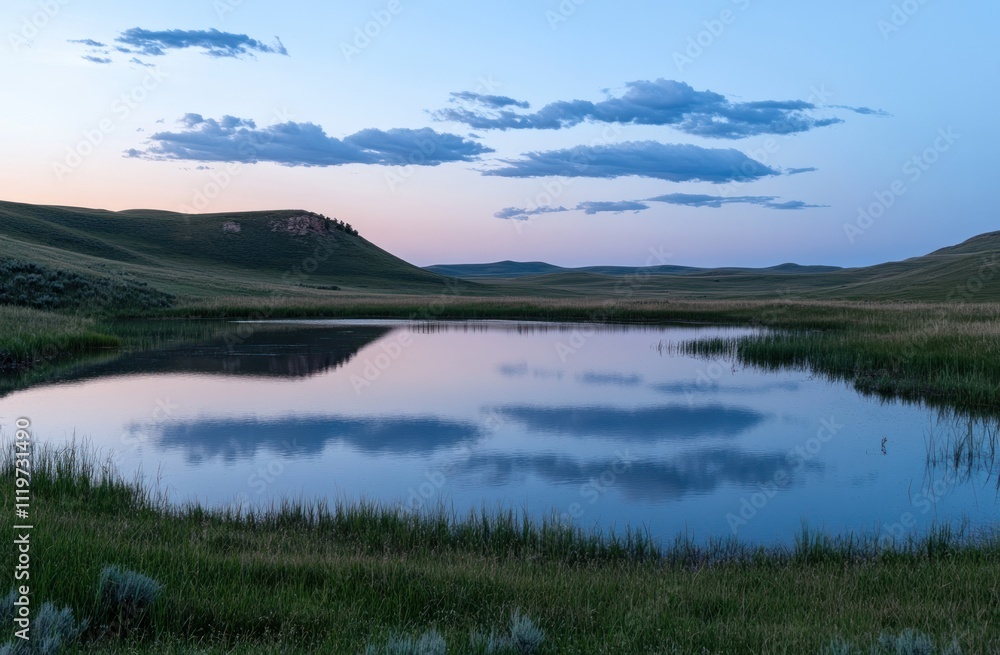 Serene Sunset Over Rolling Hills Reflecting In Calm Water Serene Sunset Over Rolling Hills Reflecting In Calm Water