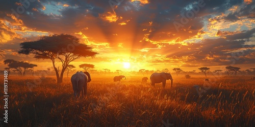 Fototapeta Naklejka Na Ścianę i Meble -  African Savanna Sunset Elephants at Golden Hour Wildlife Photography