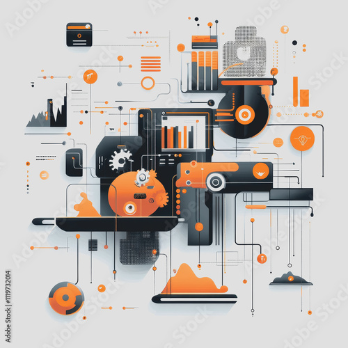 Abstract digital art representing technological innovation, business analytics, and data visualization with orange and black elements on gray background photo