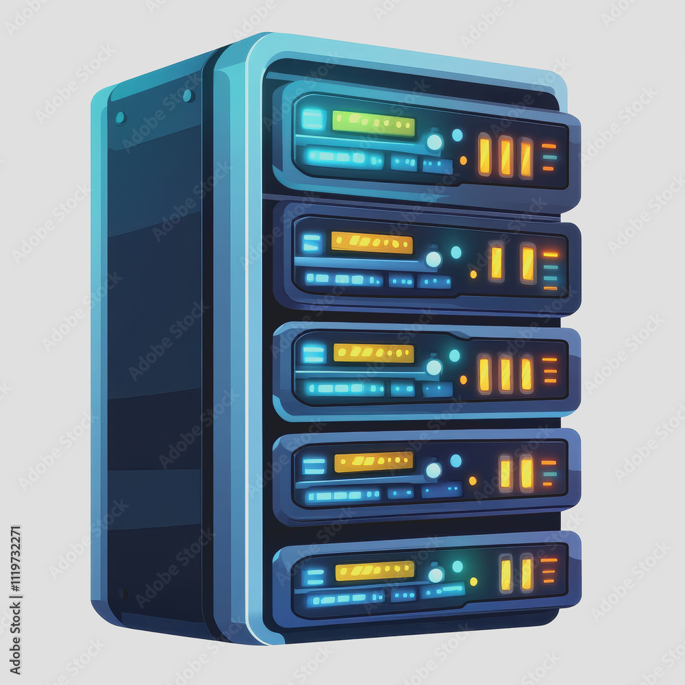 Futuristic Server Rack Illustration with Blue and Orange Lights, Digital Storage Unit for Data Management and Technology Concepts, Isolated on Grey Background Futuristic Server Rack Illustration with Blue and Orange Lights, Digital Storage Unit for Data Management and Technology Concepts, Isolated on Grey Background