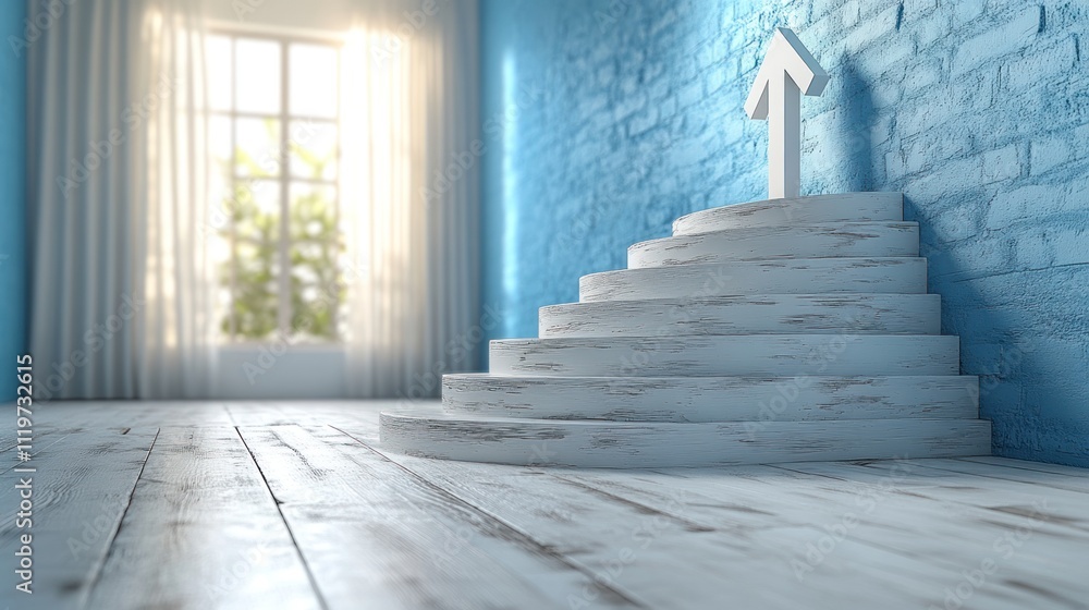 minimalist interior with stairs leading upward and an arrow, suggesting progress or direction. minimalist interior with stairs leading upward and an arrow, suggesting progress or direction.